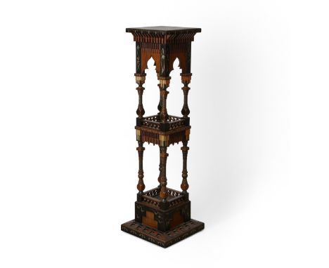 Carlo Bugatti (Italian,1856-1940). Wooden plinth or stand, partially ebonized and painted wood with bone and steel inlay. The