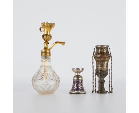 Group of three Persian, Ottoman Empire, or Turkish items including: one hookah with cut crystal and gilt bronze; one 19th c. 