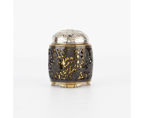 Meiji Japanese mixed metal censer or tea caddy. Inscribed along the base.Provenance: From the Estate of Horst Rechelbacher, O