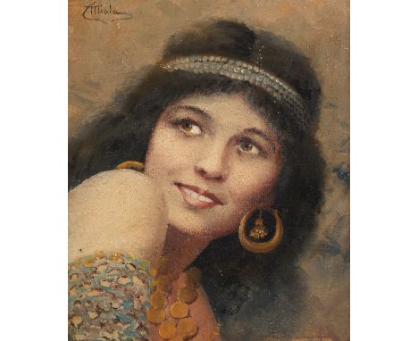 Camillo Miola (Italian, 1840-1919). Oil on board painting depicting a smiling young woman glancing over her shoulder. Signed 