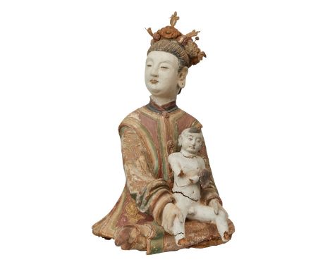 Large modern Chinese carved and gessoed wooden temple Guanyin holding a child.Provenance: Lee Hing Hong Kong Antiques Co., Ho