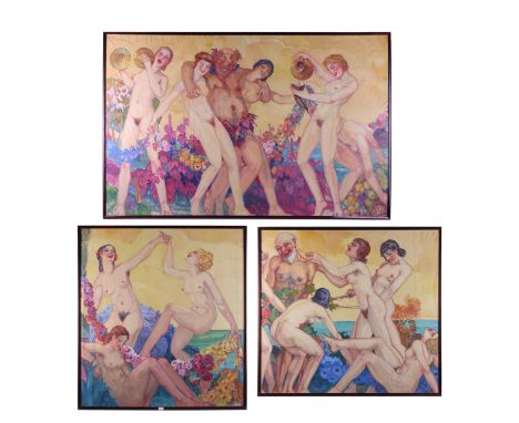 Art Deco style painting triptych titled "Bacchanalia," depicting a vibrantly colored scene of a wild Bacchanal, the figures i