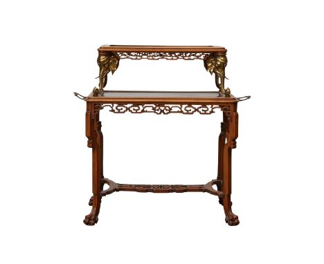 Gabriel Viardot (French, 1830-1906). Victorian tea service table. Two tiered tea service table with pierced fretwork apron an