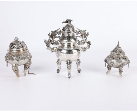 Group of three wonderful Chinese silver export censers. The censer along the center features a baluster form supported on thr