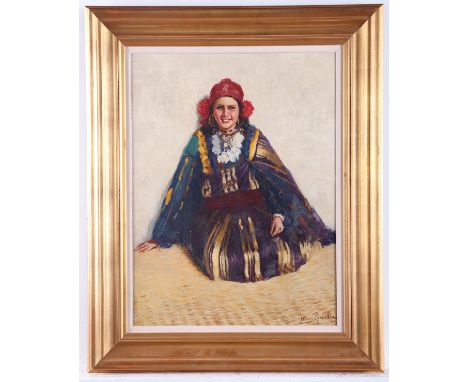 Mario Ridola (Italian, b. 1890). Oil on canvas portrait of a girl in traditional dress, seated against a wall and smiling. Si