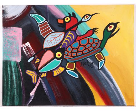 Behon LaPraire (Anishinaabe, 20th/21st c.). Acrylic on canvas painting titled "Turtle, Crane, Fish and Bear," 1992, depicting