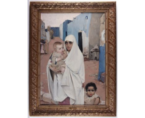 Marcelle Andree Rondenay (French, 1880-1940). Oil on canvas Orientalist painting titled "Maternite (Maternity)" depicting a m