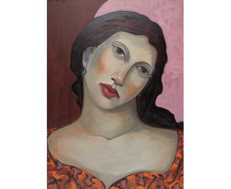 Miguel Martinez (American, b. 1951). Large oil painting on canvas titled "Have a Heart," depicting a dark haired woman in red