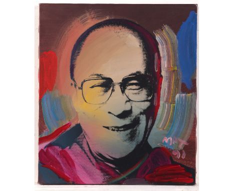 Peter Max (German-American, b. 1937). Acrylic on canvas painting depicting a portrait of the Dalai Lama. The Dalai Lama is fe