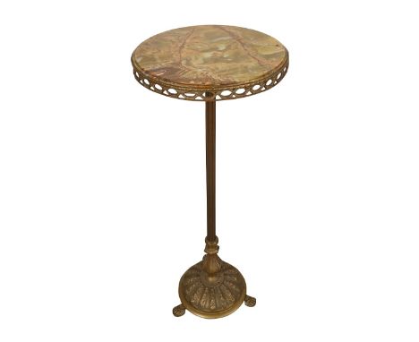 Marbletop brass and bronze pedestal side table. The green marble with pierced skirting resting atop a long neck attached to a