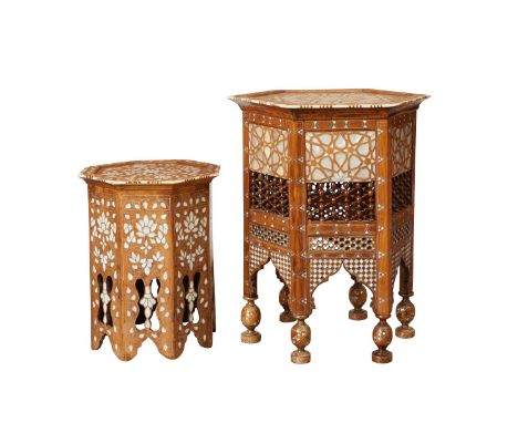 Group of two Syrian mother of pearl inlaid wooden side tables, one octagonal and one hexagonal. The tables are profusely inla