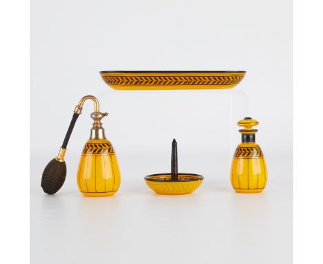 Art deco four piece vanity set of yellow enameled glass with painted black garlands and stripes. The set includes one perfume