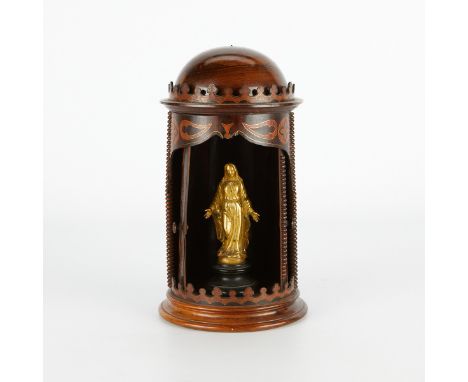 19th c. wooden inlaid reliquary containing a small gilt bronze sculpture of the Virgin Mary. Two sliding doors tuck away in e