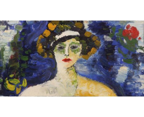 Oil on canvas Impressionist painting depicting a woman wearing a hat against a blue background.Provenance: From the Estate of