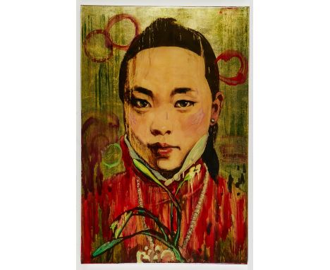 Hung Liu (Chinese/American, 1948-2021). Mixed media on panel portrait titled "Narcissus 4," 2007. The use of multiple layers 