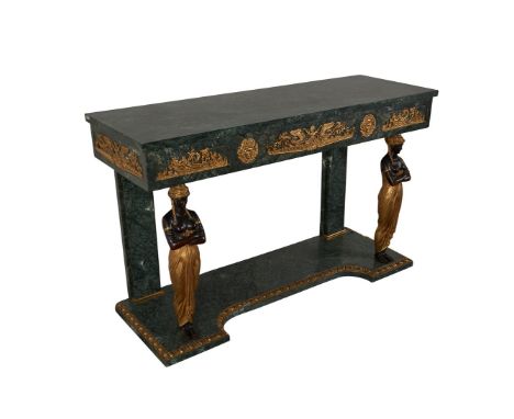Egyptian Revival French empire style green marble, patinated and gilt bronze console table. The table features a rectangular 