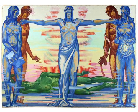 Josef Lacina (Czech, 1899â€“1975). Oil on panel titled "Allegorie," 1965-66, depicting a group of brightly colored surrealist