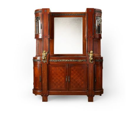 Italian wooden credenza with inlaid marquetry along the lower cabinet doors. There are gilt bronze decorations inset along th