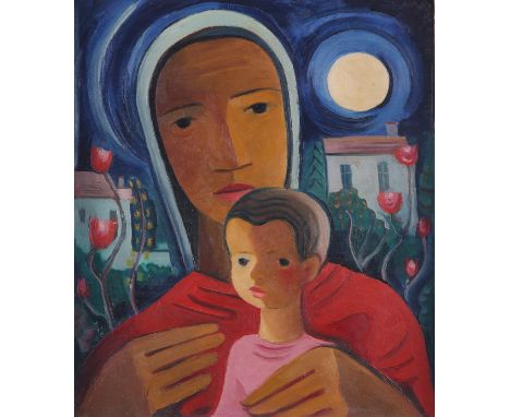 Carry Hauser (Austrian, 1895-1985). Oil on plywood painting titled "Madonna mit Kind (Madonna with Child)," 1950. Initialed a