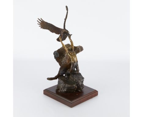 Wally Shoop (American, b. 1941). Patinated cast bronze sculpture titled "Spirit I (Eagle Catcher)," 1986, depicting a Native 