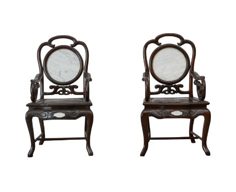 Pair of Chinese hardwood armchairs, each with a round marble inset backsplat. Each with an additional marble inset to the sha