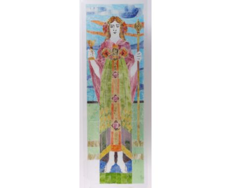 English Arts &amp; Crafts stained glass panel depicting a robed woman holding a chalice and scepter. The composition is accen