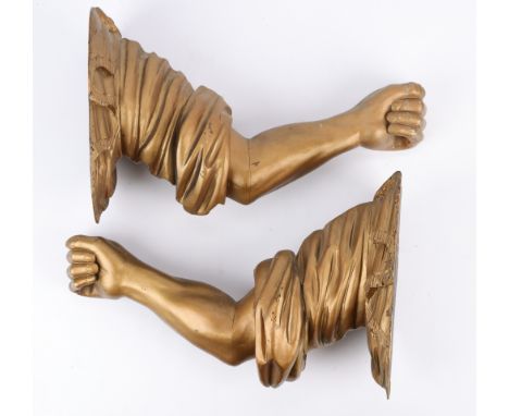 Pair of gilt wood wall sconces for candle sticks in the form of arms with elegantly draped sleeves.Provenance: From the Estat