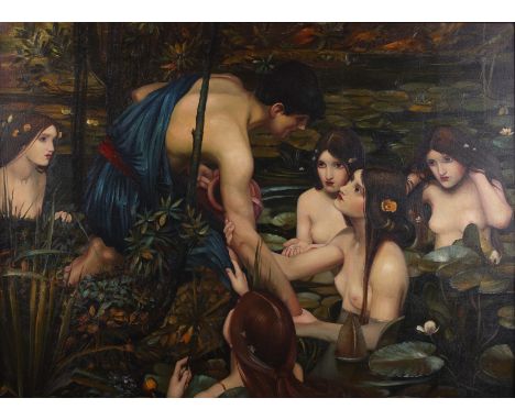 After John William Waterhouse (English, 1849-1917). Pre-Raphaelite oil painting on canvas titled "Hylas and the Nymphs," depi