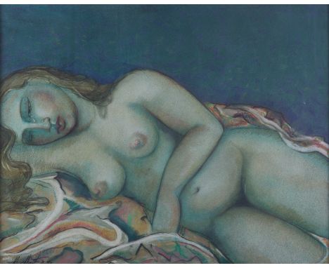Miguel Martinez (American, b. 1951). Pastel on paper depicting a nude woman laying on her side, in shades of blue. A tear is 