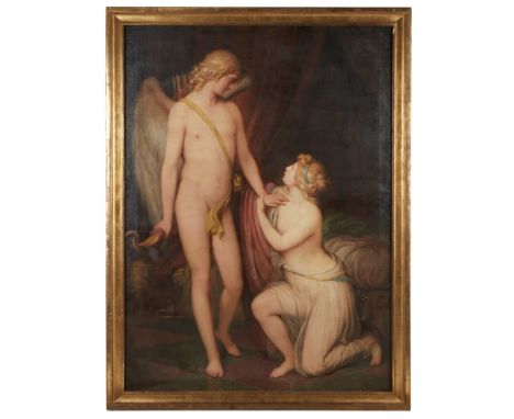 Large oil on canvas painting depicting the mythological tale of Cupid (Eros) and Psyche. Cupid strides forward with a quiver 