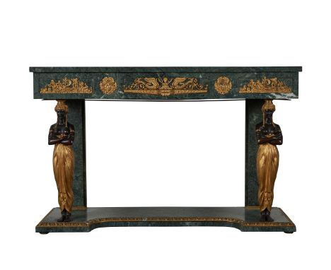 Egyptian Revival French empire style green marble, patinated and gilt bronze console table. The table features a rectangular 