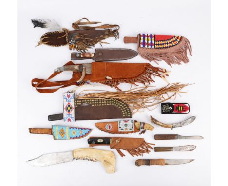 Group of 13 primitive, western, fantasy, and historic knives; many with beadwork, leather, and tasseled sheaths. Makers inclu