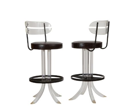 Charles Hollis Jones (American, b. 1945). Pair of mid-century modern lucite and steel bar chairs. The round seats upholstered