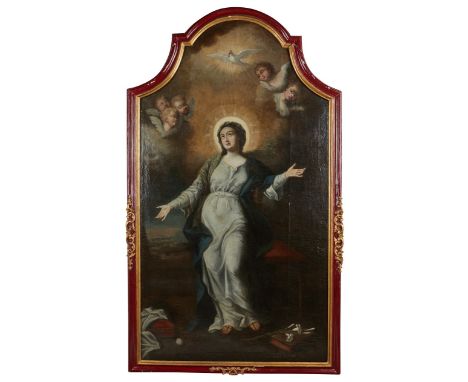 Gennaro Basile (Italian, 1722-1782). Old master oil on canvas painting depicting the Virgin Mary surrounded by cherubs, white