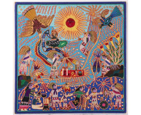 Pedro Carrillo Montoya (Huichol, 20th/21st c.) Yarn painting on wood board titled "The Huichol Shaman's Path of Completion," 