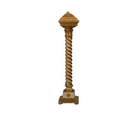 19th century Italian giltwood decorative pedestal. With a fluted curling column.Provenance: From the Estate of Horst Rechelba