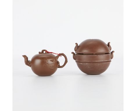 Group of two Chinese Yixing ceramic pieces including one teapot and one censer. The teapot with a naturalistic handle and spo