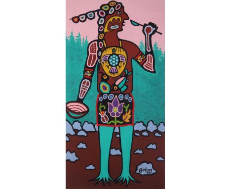 Behon LaPraire (Anishinaabe, 20th/21st c.). Acrylic on canvas painting titled "Weesinin Eneenee (Eating Man)," 1992, depictin