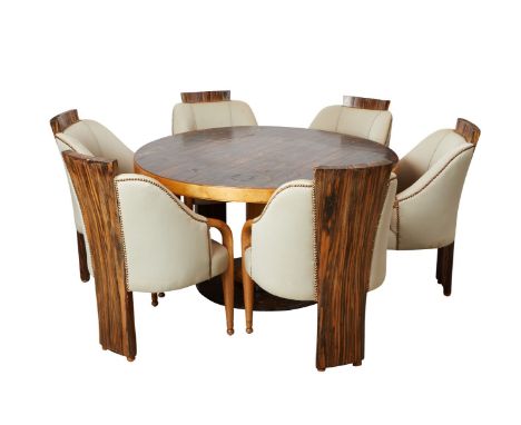 Art Deco zebrawood dining set or ship's captain's table. The round pedestal table with a lovely zebrawood top, with six match