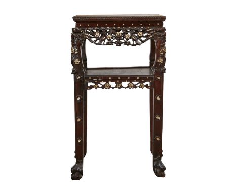 Peranakan Chinese turn of the century side table or tea table. The intricately carved and pierced wood is decorated throughou