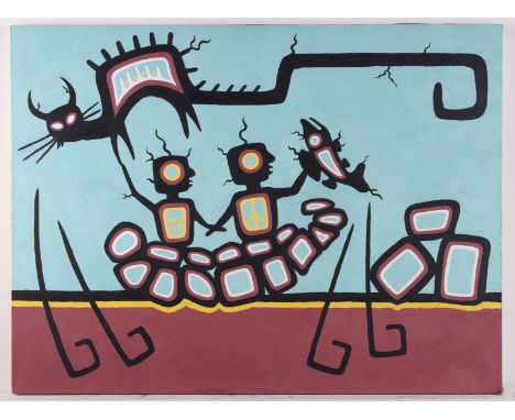 Behon LaPraire (Anishinaabe, 20th/21st c.). Acrylic on canvas painting titled "Moneedog Bahkah dee Geenge State II," 1994, de