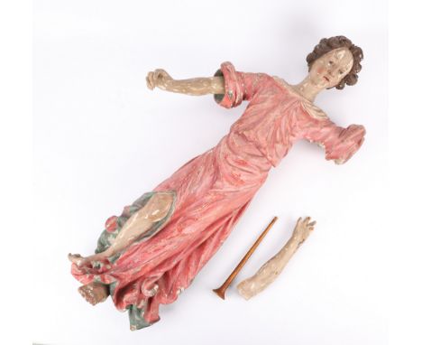 18th to 19th c. polychromed and carved wooden angel. In flowing red robes with curling hair.Provenance: From the Estate of Ho