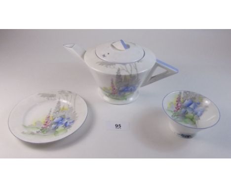 A Shelley 1930's teapot, sugar and plate with floral painted decoration Pattern No2169