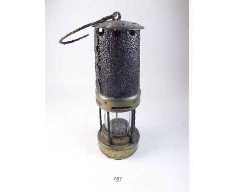 An early 20th century English brass and tin bonneted mining lamp, Marsaut type, 10G, No1496