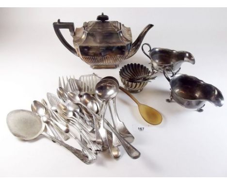 A box of silver plated serving cutlery, teapot, sauce boats etc