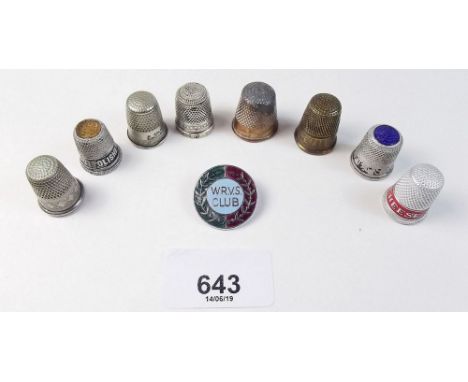 A group of advertising thimbles including silver James Walker Whisky thimble plus a WRVS badge