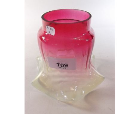 A Victorian cranberry and vaseline tinted small glass lamp shade - 11cm tall