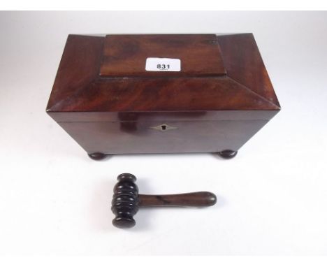 A small wooden turned auctioneers gavel and a Victorian mahogany sarcophagus form tea caddy - no interior
