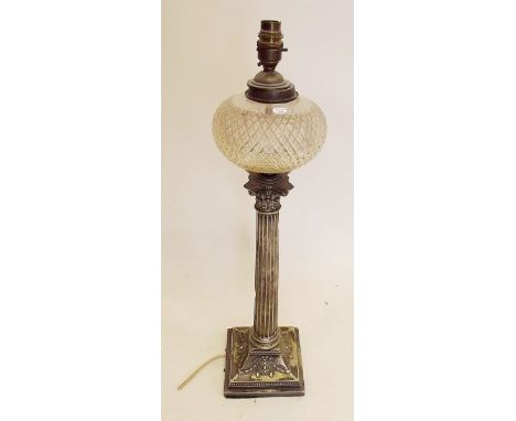 A Victorian silver plated Corinthian column table lamp converted from an oil lamp with cut glass reservoir, total height 64cm