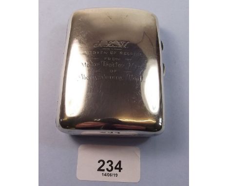 A silver cigarette case with inscription 'HEW - A Token of Respect from Motor Tractor Men of Abergavenny Unit' - 86g